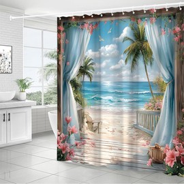 MZYZAF Ocean Beach Shower Curtain Tropical Palm Tree, 70X70Inch