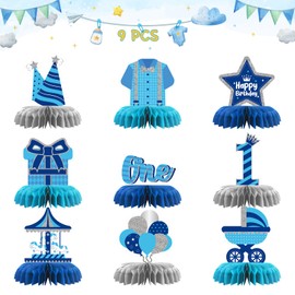 INNORU Boy 1st Birthday Table Honeycomb Centerpieces, One Birthday Party 3D Honeycomb Table Toppers Baby Shower Party Table Decorations Baby Boy Birthday Favor Photo Booth Props 9 PCS