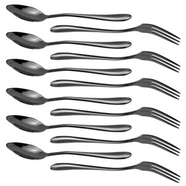 RETON 12 Pcs Dessert Forks and Spoons Silverware Set, Stainless Steel Mini Forks and Spoons, Small Appetizer Cocktail Fruit Forks, Mini Coffee Spoons Teaspoon for Kitchen (6 Forks+6 Spoons) (Black)