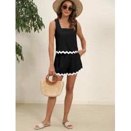 Blooming Jelly Womens Two Piece Sets Vacation Outfits Beach Cruise Summer Resort Track Suits Shorts Set (S, Black)