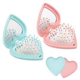 2pcs Foldable Travel Hair Brushes, Heart-Shaped Portable Mini Hair Brush with Mirror Pocket Folding Small Hair Comb Compact Size Hair Massage Purse Comb for Men Women Girls(Blue, Pink)