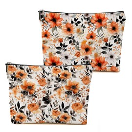2 PCs Watercolor Flowers Makeup Bag, Floral Orange Cosmetic Bag, Friendship Gifts for Women Best Friend Mom Sisters Christmas Birthday Gifts Toiletry Bag