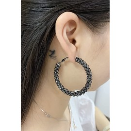 Shiny Large Hoop Earrings for Women Girls Boho Rhinestone Big Wrapped Hoops Dangle Huggie Earring Lightweight Comfortable Sparkle Wedding Christmas Birthday Jewelry Gifts 50mm (Black CZ)
