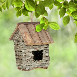 Relaxdays Bird House for Decoration, Made of Wood, Bark and Straw, for Hanging, Balcony and Garden, HBT: 20 x 13.5 x 16 cm, Natural