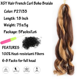 XGY Hair French Curly Braiding Hair 18 Inch 5 Packs French Curl Braids Pre Stretched Bouncy Braiding Loose Wavy Braid Synthetic Hair Extensions For Women (P27/33, 18inch)