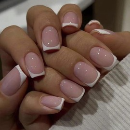 24 Pcs French False Nails White French Tip Press on Nails Short,Nude White Short Fake Nails Square Shaped,Full Cover Fake Stick on Nail for Women and Girls Art