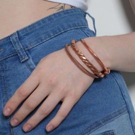 INDTRESOR Copper Magnetic Bracelet Tibetan Style. Hand Forged with Solid and high Gauge Pure Copper. Set of 3 Different Designs in Twisted Pipe Braided Wires Style.