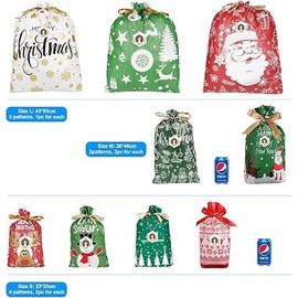 Yiran Christmas Gift Bags, 16pcs Extra Large Medium Small Xmas Gift Bags, Christmas Bags with Drawstring for Gift Candy Cookie Christmas Xmas Party Favor Decorations