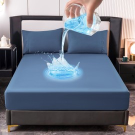 CHENILLE HOME Waterproof Fitted Bed Sheet Set - 4 Piece, Comfortable Breathable Noiseless Mattress Protector, Deep Pocket Hypoallergenic Cover Up to 16” Mattress(Queen, Steel Bule)