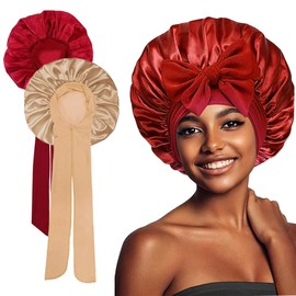 LOMSUXA 2 Stück Seidenhaube zum Schlafen, Schlafhaube Seide Verstellbare Satin Haarhaube Atmungsaktive Haarhaube für die Nacht Weiche Silk Bonnet Schlafmütze, Satin Haarhaube für Damen und Mädchen