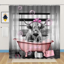 Funny Highland Cow Shower Curtain Get Naked Fashion Cute Animal Bathtub Bubble High Heel Bag Farmhouse Bathroom Decor Fabric Curtains with Hook 70Wx70H Inches