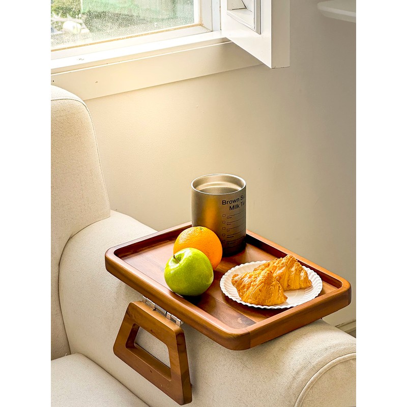 Tinamo 13.75" x 9.5" Acacia Couch Arm Table, Wooden Sofa