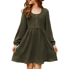 blibean Tween Girls Fall Dresses Kids Girl Smocked Puff Long Sleeve Dress Spring Semi Formal Wedding Guest Holiday Party Outfits Vestido Niña Size 12-13 Years Olive Green
