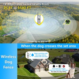Htcuto Wireless Dog Fence System Electric Fence for Dogs Training Collar with Remote 856 Acre Shock Wireless Pet Outdoor Radius Circular Boundary Containment for 2 Dogs Large Medium with 2 Collar