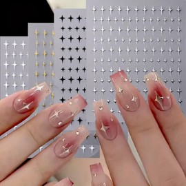 Laser Gold Silver Star Relief Nail Stickers 5D Small Rhombus Star Pattern Self Adhesive Nail Decals for Women’s 4 Colors Star Nail Art Stickers (Gold Sliver Black White) for Manicure Art