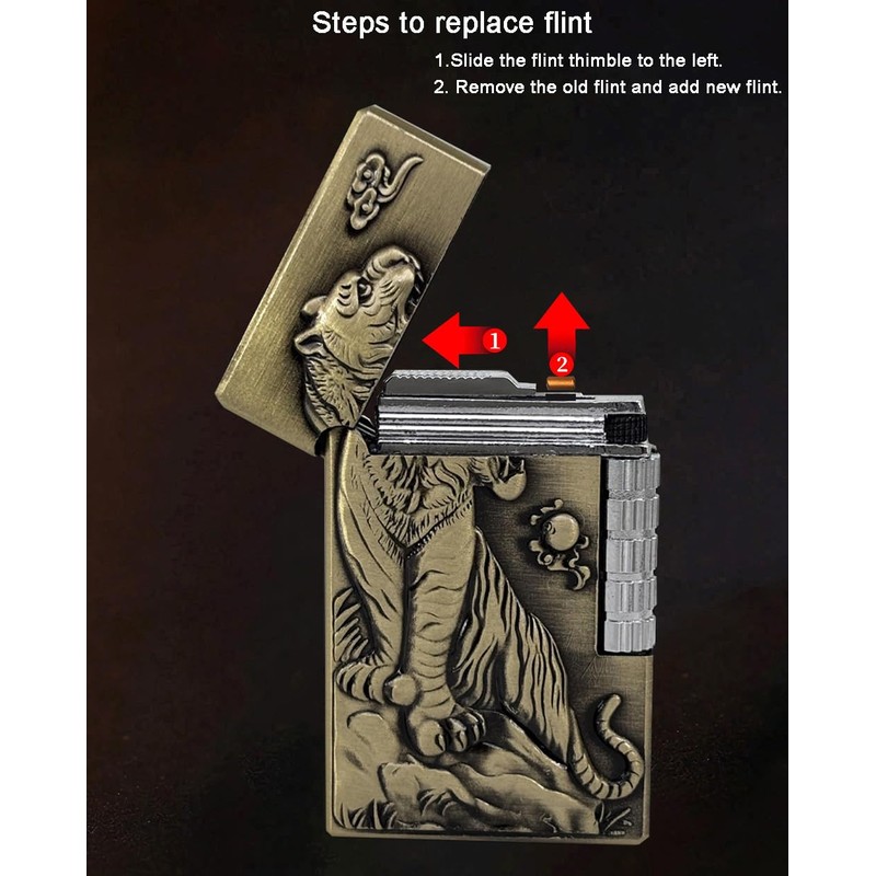 Soft Flame Lighter, Unique Engraved Tiger Eagle Metal Wheel Lighter，Refillable