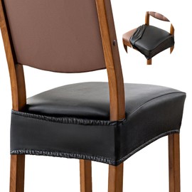 YUEANG Waterproof Seat Covers for Dining Room Chairs Set of 4 - PU Leather Removable Washable Chair Seat Slipcovers, Rear Covers (Black)