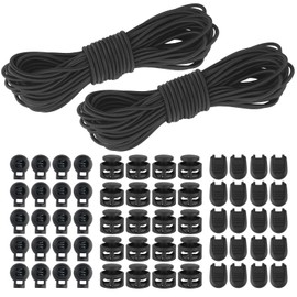 2 Bundles 3 mm x 10 m Elastic Rubber Cord, Bungee Nylon Stretchy Cord with 20 Pieces Zip Pull Cord Lock, 20 Pieces Double Hole Spring, 20 Pieces Single Hole Spring for Backpack, Shoelaces (Black)