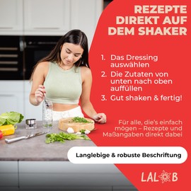 LALOB® Dressing Shaker - Dishwasher Safe - Five Recipes in 175ml and 350ml - Leak-proof Container - Salad Sauce Shaker Cup