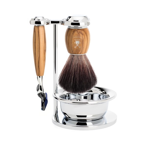MÜHLE Vivo Shaving Set Compatible with Gillette Blades, Black Fibre Brush, Holder with Bowl, Olive Wood Handles - Vegan