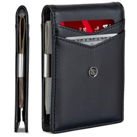 Suavell Leather Slim Wallets for Men. Wallet Card Holder with Money Clip. Low Profile RFID Wallet Minimalist Wallet (Obsidian Black Odyssey)