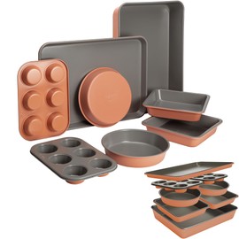 Goodful All-In-One Nonstick Bakeware Set, Stackable and Space Saving Design includes Round and Square Pans, Muffin Pans, Cookie Sheet and Roaster, Dishwasher Safe, 8-Piece, Terracotta