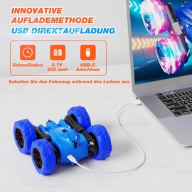 MaxTronic Direct Charge Remote Controlled Car with LED Light, Cool Stunts with 360° Rotation, 4WD 2.4G 15 km/h RC Car, Monster Truck Toy Car, Gift for Children from 3 Years, Boys and Girls