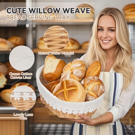 WILLOW WEAVE 14" Handmade Wicker Bread Basket for Serving, Set of 2 Bread Storage Container and Fruit basket with Removable Liner for Bakers, House Warming, Hostess Farmhouse