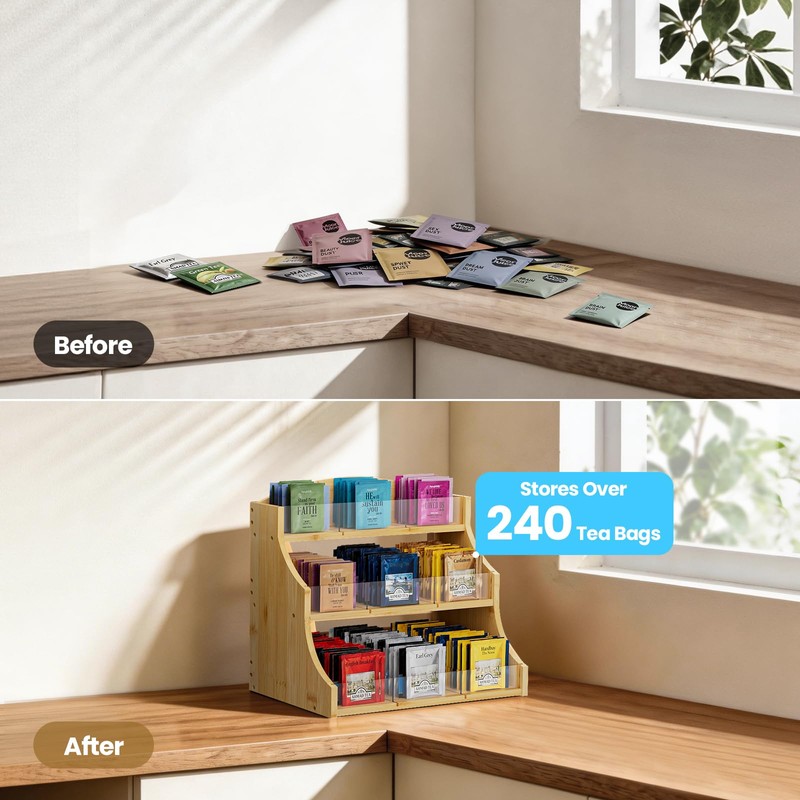 Bamboo Tea Bag Organizer, 3 Layer Tea Chests With Acrylic