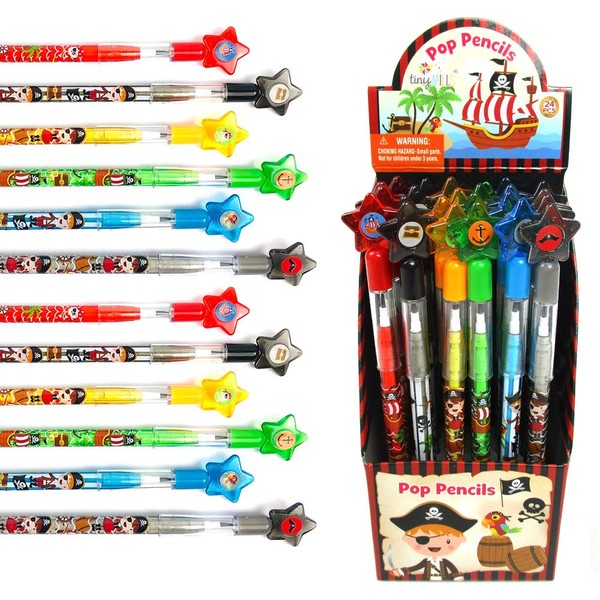 TINYMILLS 24 Pcs Pirate Multi Point Stackable Push Pencil Assortment with Eraser for Pirate Birthday Party Favor Prize Carnival Goodie Bag Stuffers Classroom Rewards Pinata Fillers