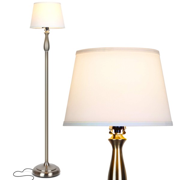 Brightech Gabriella Tall Lamp with Fabric Shade & LED Bulbs, Elegant Lamp for Living Rooms & Offices, LED Floor Lamp, Mid-Century Modern Standing Lamp for Bedroom, Great Living Room Décor - Silver