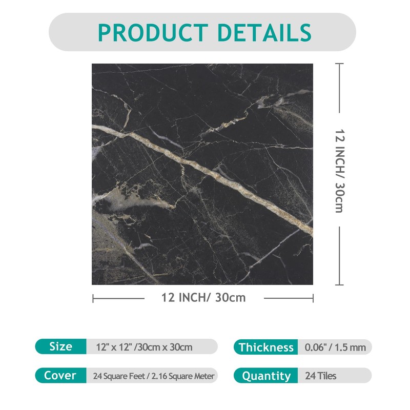 VEELIKE 24 Pack Peel and Stick Floor Tile Black Marble