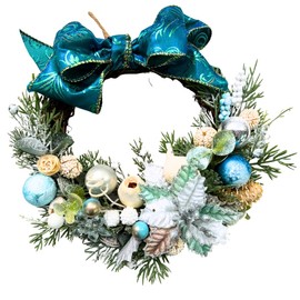 Lulu's Lulu's Christmas Half Moon Wreath Peacock Blue Silver White Natural Decoration with Ribbon Wall Hanging Door Half Wreath Artificial Flower Nut Ornament Adult Cute Nordic Style Fashionable