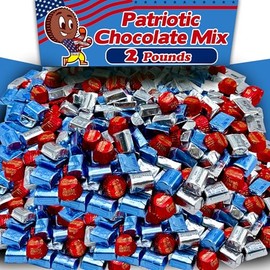 Patriotic Candy Variety Mix, 2 Lbs Bulk, Red, White and Blue American Flag Color Foils, Milk Chocolate Nuggets and Peanut Butter Cups, July 4th Independence Day Parties, Memorial Day