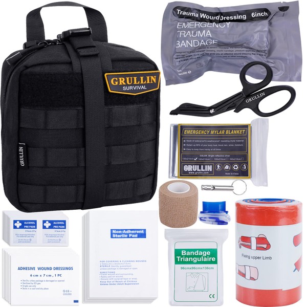 GRULLIN IFAK Kit de primeros auxilios para trauma, táctico, Molle militar, juego de control de sangrado de emergencia para vehículo, camión, coche, aventura, camping, tiro (negro)