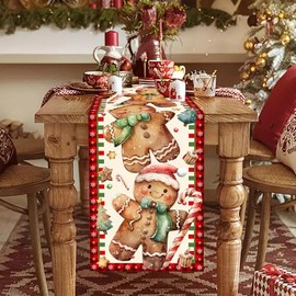 Christmas Gingerbread Man Cane Candy Table Runner Striped Grid Star Christmas Hat Camino De Mesa ChristmasTable Runners for Table,Dining ,Party ,Holiday Decoration 13x72inch