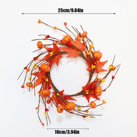 Pumpkin Maple Leaves Candle Ring Small Fall Wreath 9.84” for Pillars Thanksgiving Autumn Harvest Festival Farmhouse Table Decor