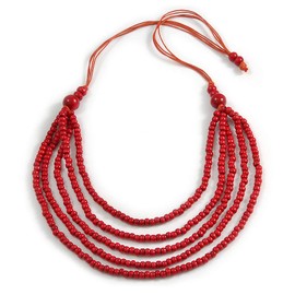 Avalaya Red Multistrand Layered Wood Bead with Cotton Cord Necklace - 90cm Max length- Adjustable