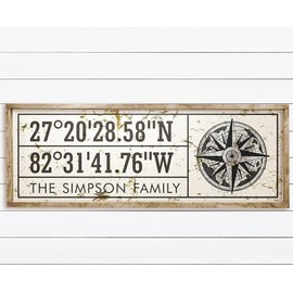 Custom Family Name City GPS location LATITUDE LONGITUDE coordinates Farm Sign Home Art Wood Framed Rustic Farmhouse Sign Wall Art Farmhouse Distressed Sothern Charm Home Decor (10" x 26")
