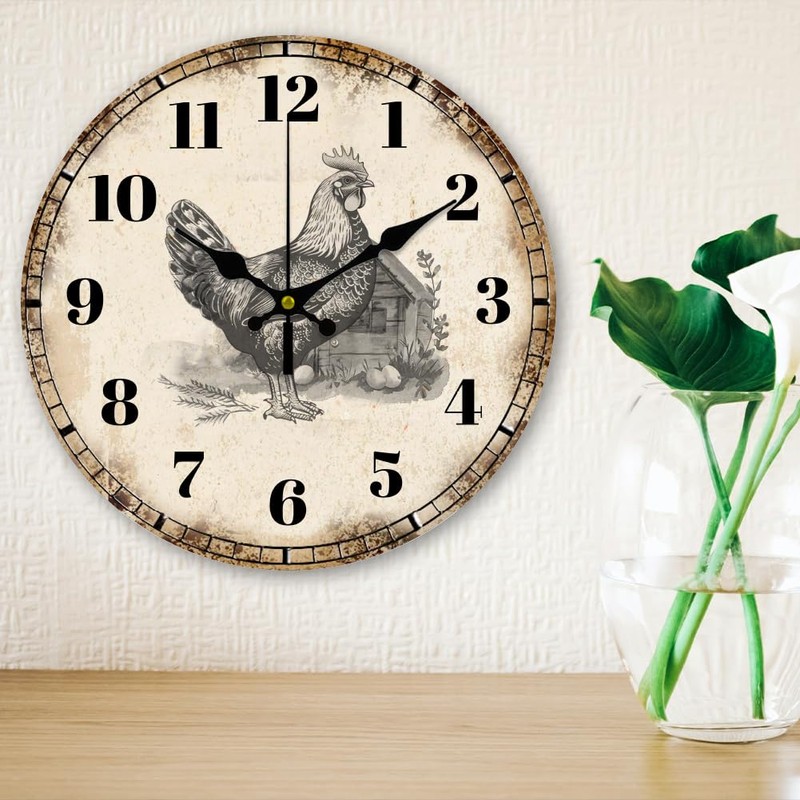 CHGCRAFT Wall Clock Country Style Chicken Wall Clock Non-Ticking Clock