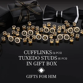 18K Gold Tone Initial Cufflinks for Men With Tuxedo Studs - Gift Boxed, Stylish Men's Jewelry Accessories for Weddings, Birthdays, Anniversaries, Father's Day, Metal