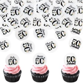Blumomon 40 Stück Essbare 50th Happy Birthday Cupcake Toppers Cheers to 50th Fabelhafte Kuchendekoration 50th Geburtstag Party Dekoration Essbare Tortendekoration zum 50th Geburtstag