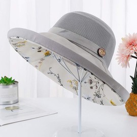 Women Mesh Sun Hats Summer Beach UV Protection UPF Packable Wide Brim Chin Strap (Grey)