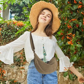Uwiyo Half Moon Bag Women's Cord Crossbody Moon Bag Hobo Halfmoon Bag Half Moon Shoulder Bag Dumpling Shoulder Bag with Adjustable Strap for Women Girls, khaki