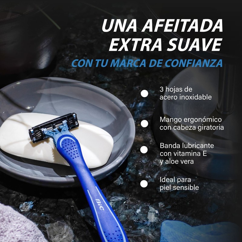 BIC Rastrillo Flex 3 Piel Sensible Mango Texturizado Banda Lubricante