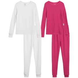Rene Rofe Conjunto de ropa interior térmica para niña - 4 piezas de punto gofre y pantalones largos (2T-16), blanco/fucsia, 3 Años