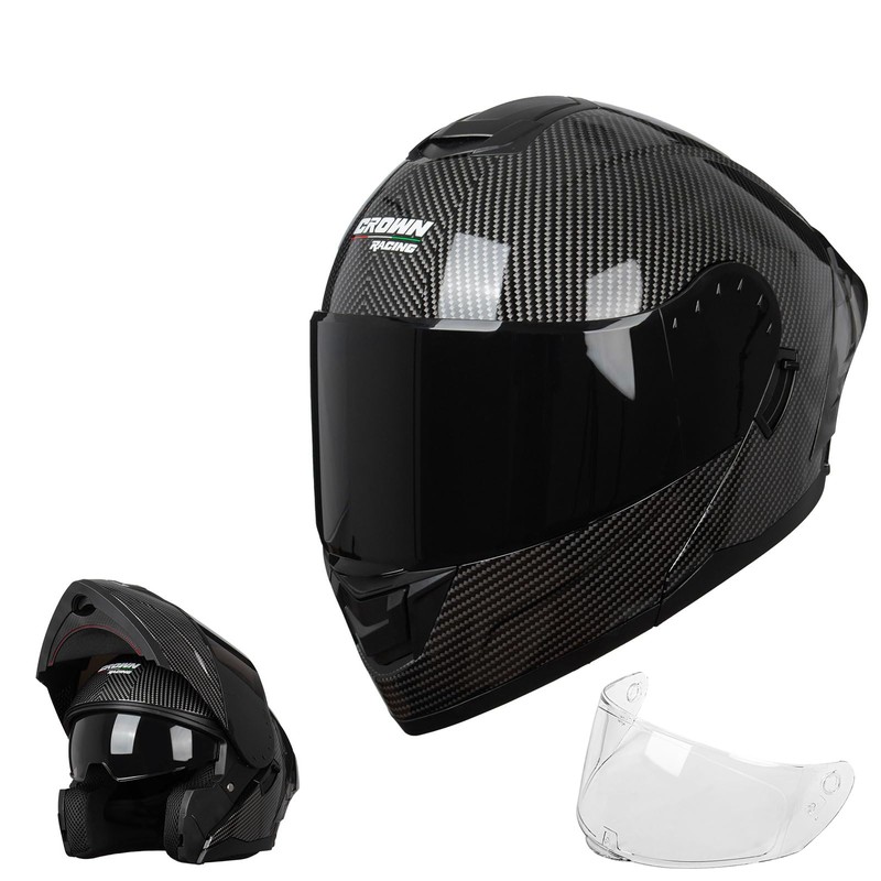 Crown Racing Modular Motorcycle Helmet with Flip-Up Design, Carbon Fiber
