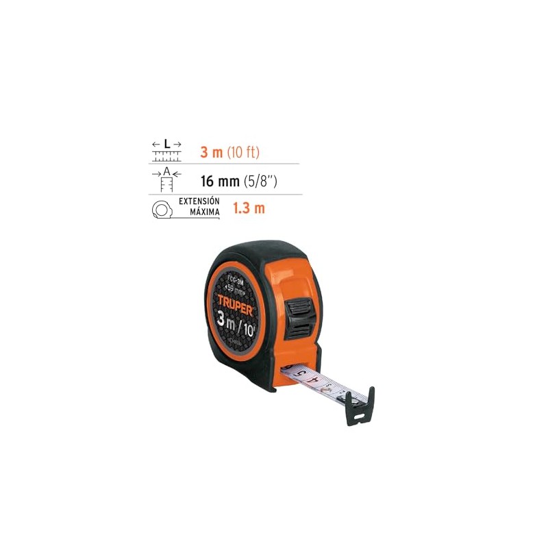 Truper FCG-3M, Flexómetro compacto contra impactos 3 m cinta 16