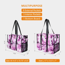 TOPDesign Utility Water Resistant Tote Bag with 13 Exterior & Interior Pockets, Top Zipper Closure & Thick Bottom Support, for Working Women, Teachers, Nurses, Accountants (Pink Camouflage)