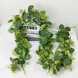 2 Pack Artificial Eucalyptus Garland - 5.9ft Faux Silk Greenery with Silver Dollar Leaves & Blossoms, All-Season Indoor/Outdoor Vine Greenery Garland for Weddings, Walls, Tables, DIY Spring Decor (2)